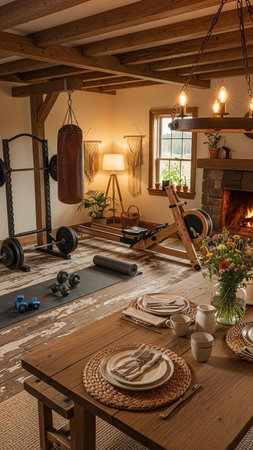 Interior of a living room in a country house with a set of fitness equipment
