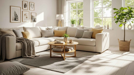 Modern interior design of living room with sofa, table and coffee table
