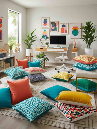 Interior of a children's room with a lot of colorful pillows