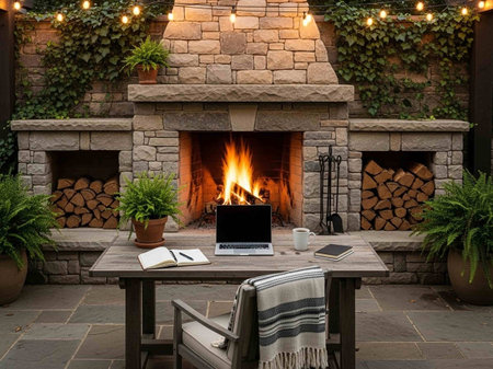 A laptop on a table in front of a fireplace in the garden.