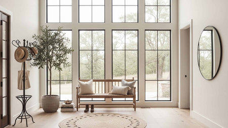 Interior of modern living room with panoramic window. 3D renderingの写真素材