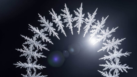 snowflakes on a black background in the rays of the sun