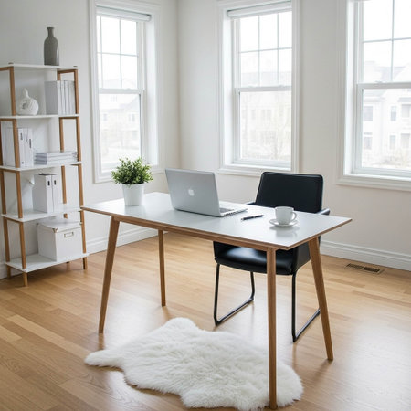Laptop on desk in modern office with white carpet on the floorの写真素材