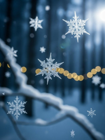 Snowflakes in the winter forest. Christmas and New Year background.