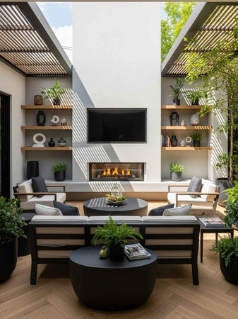 Interior of a modern house, living room with fireplace and plantsの写真素材