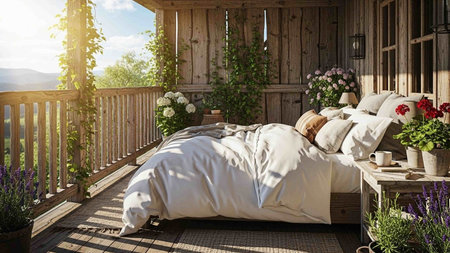 Wooden terrace with bed and flowers on sunny day. 3d rendering