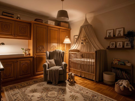 Interior of a children's room with a crib and armchair