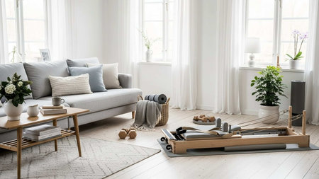 Interior of a modern living room with a white sofa and wooden furniture
