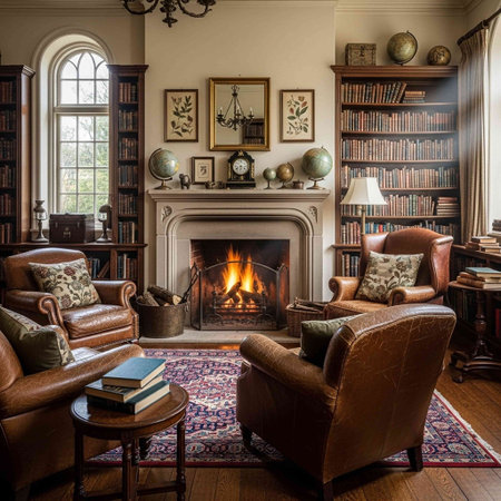 Luxury living room with fireplace, armchair and books.
