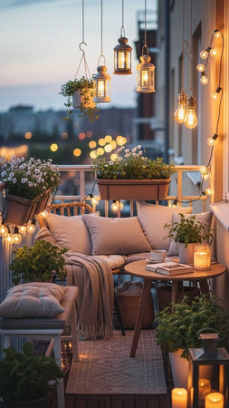 Outdoor terrace with wooden tables and chairsrated with flowers and lanternsの写真素材