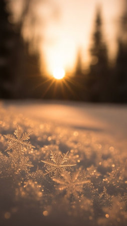 Snowflakes in the snow at sunset. Shallow depth of field.