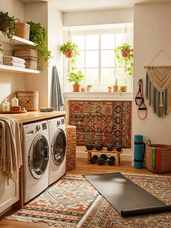 Laundry room with washing machine and rug. Interior design.の写真素材
