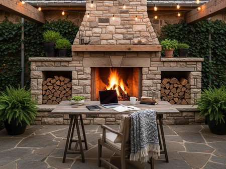 Fireplace in the garden with a wooden table and a laptop.