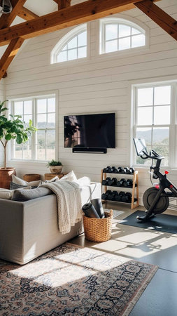 interior of modern living room with tv set and sport equipment in sunny dayの写真素材