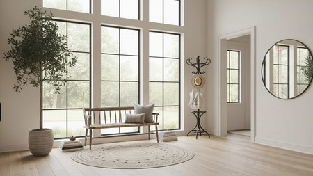 3d rendering of living room with wooden bench and round mirror.の写真素材