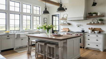 interior of modern kitchen with white walls and wooden floor. Nobody insideの写真素材