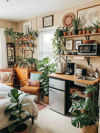 Interior of a cozy bedroom with plants in pots and personal accessories