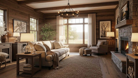3d rendering interior living room with fireplace, sofa and armchair