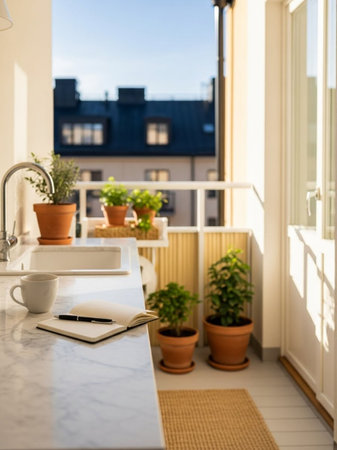 Luxury balcony with a view of the terrace and garden