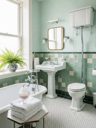 interior of a bathroom with green tiles, white sink and toilet