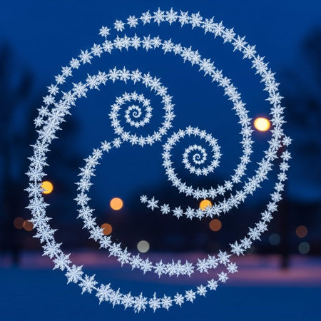 Snowflakes on a spiral in the night city. Winter background