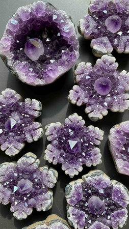 Amethyst crystals on a black background. Amethyst is a natural mineral.の写真素材