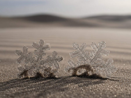 Two snowflakes on the sand in the desert. Selective focus