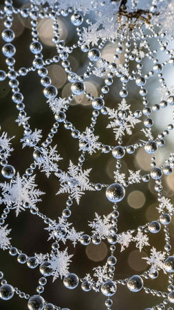 Close-up of snowflakes on a spider web in winter