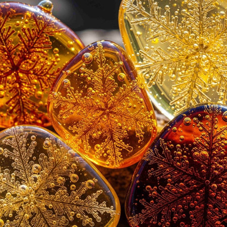 Colorful glass snowflakes on a dark background close-upの写真素材