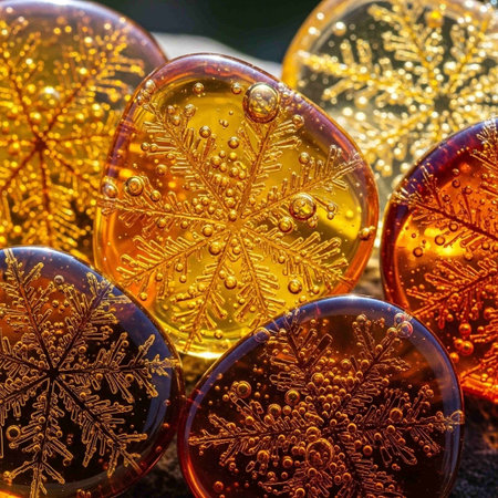 Christmas decoration with golden snowflakes on a black background. Macro