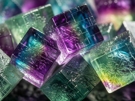 abstract background made of transparent glass cubes with reflections and bokeh