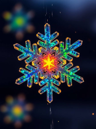 Snowflake with colorful lights on black background. 3D illustration.