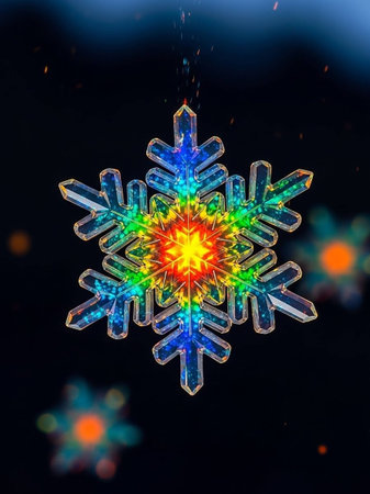 Snowflake on black background. Colorful snowflakes. Christmas decoration.の写真素材
