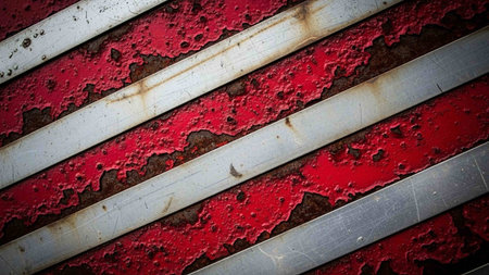 Rusty metal background with red and white stripes, grunge textureの写真素材