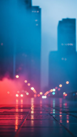 Foggy city at night. Defocused urban abstract background.の写真素材