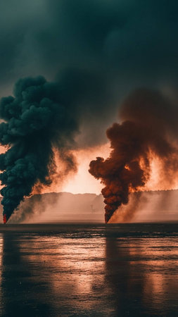 Black smoke from the chimneys of a power plant at sunset.の写真素材