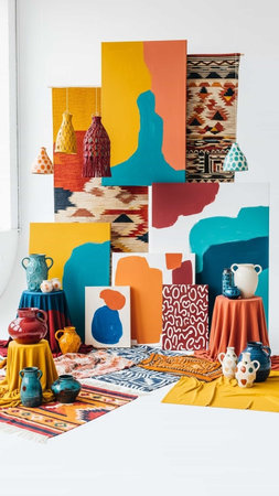 Interior of a contemporary living room with bright colorful furniture and decorative itemsの写真素材