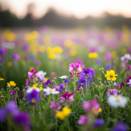 Beautiful spring meadow with colorful wildflowers, selective focusの写真素材
