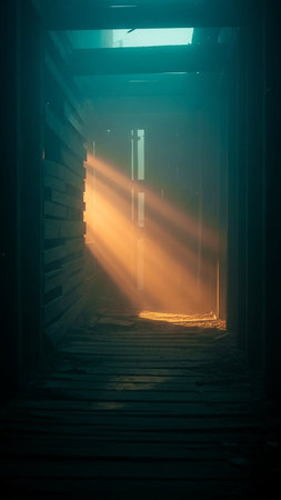 Foggy dark corridor with sunlight shining through the wooden door.の写真素材