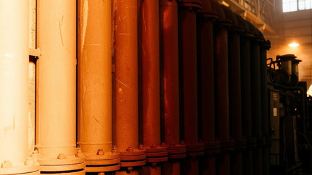 Industrial pipes in a factory, close-up. Industrial backgroundの写真素材