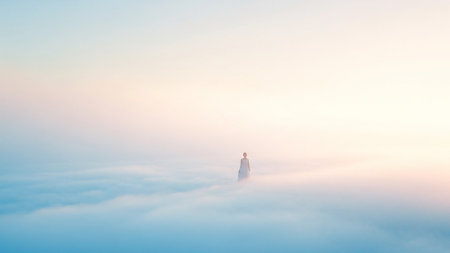 Aerial view of a woman standing in the middle of the cloudsの写真素材