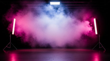 Empty stage with spotlights, smoke and lighting equipment. Abstract smoke background.の写真素材