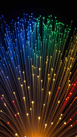 Fiber optical network cable close-up. Multicolored fiber optic backgroundの写真素材