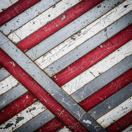 Grunge red and white striped metal background. Old metal textureの写真素材