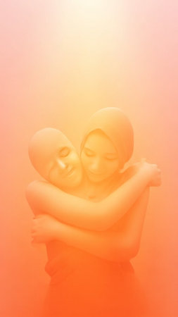 Portrait of a beautiful young muslim woman hugging her friend.の写真素材