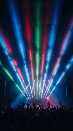 Concert crowd in front of a bright stage with lights and smokeの写真素材