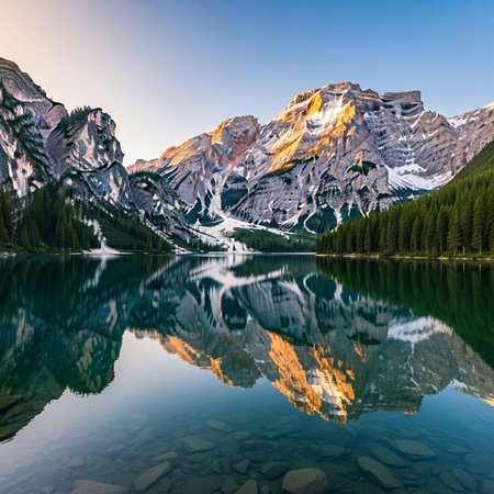 Beautiful sunrise at Braies lake in Dolomites, Italyの写真素材