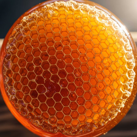Drop of bee honey drip from hexagonal honeycombs filled with golden nectar, honeycombs summer composition consisting of drop natural honey.の写真素材