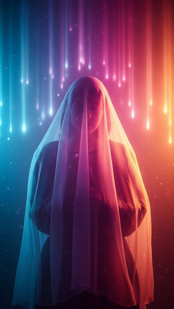 Digital illustration of a woman with a veil in front of glowing backgroundの写真素材