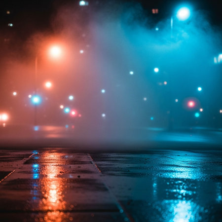 abstract background of street lights in foggy rainy night with rainの写真素材
